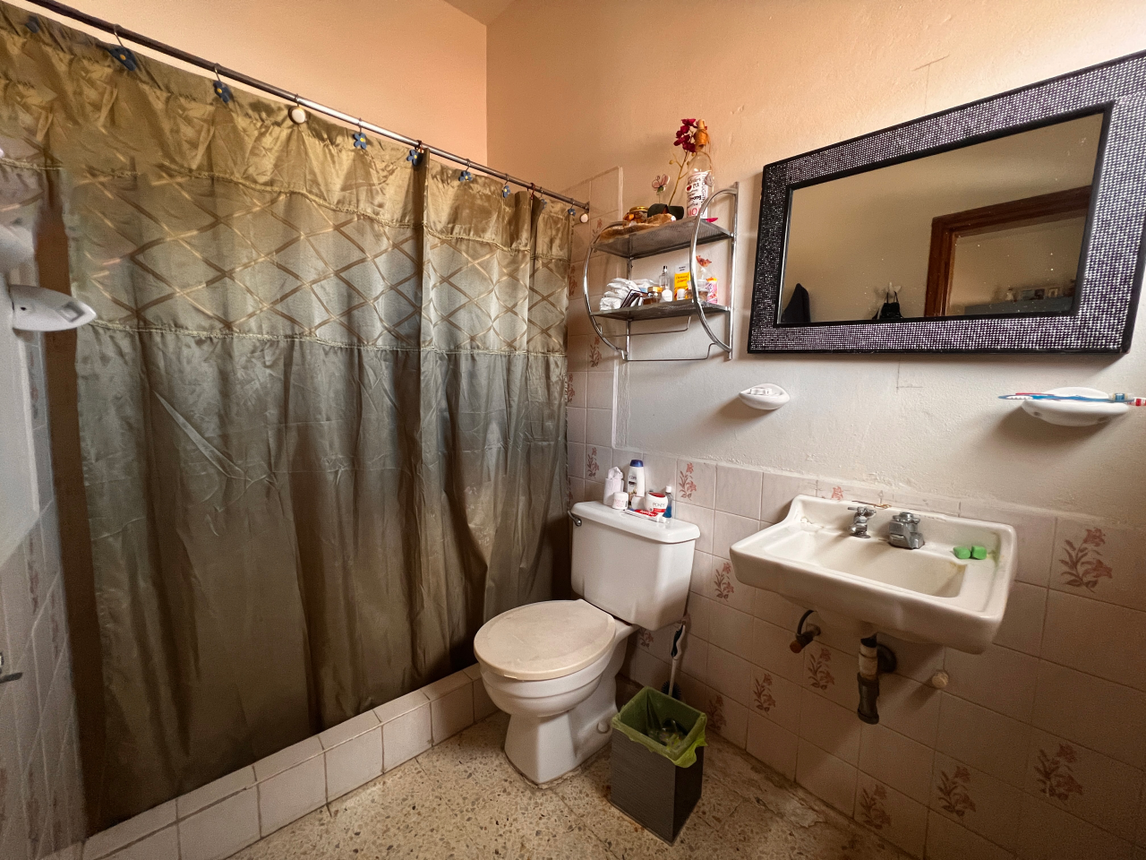 Baño de la casa con su inodoro, lavamanos y ducha con cortina color verde.