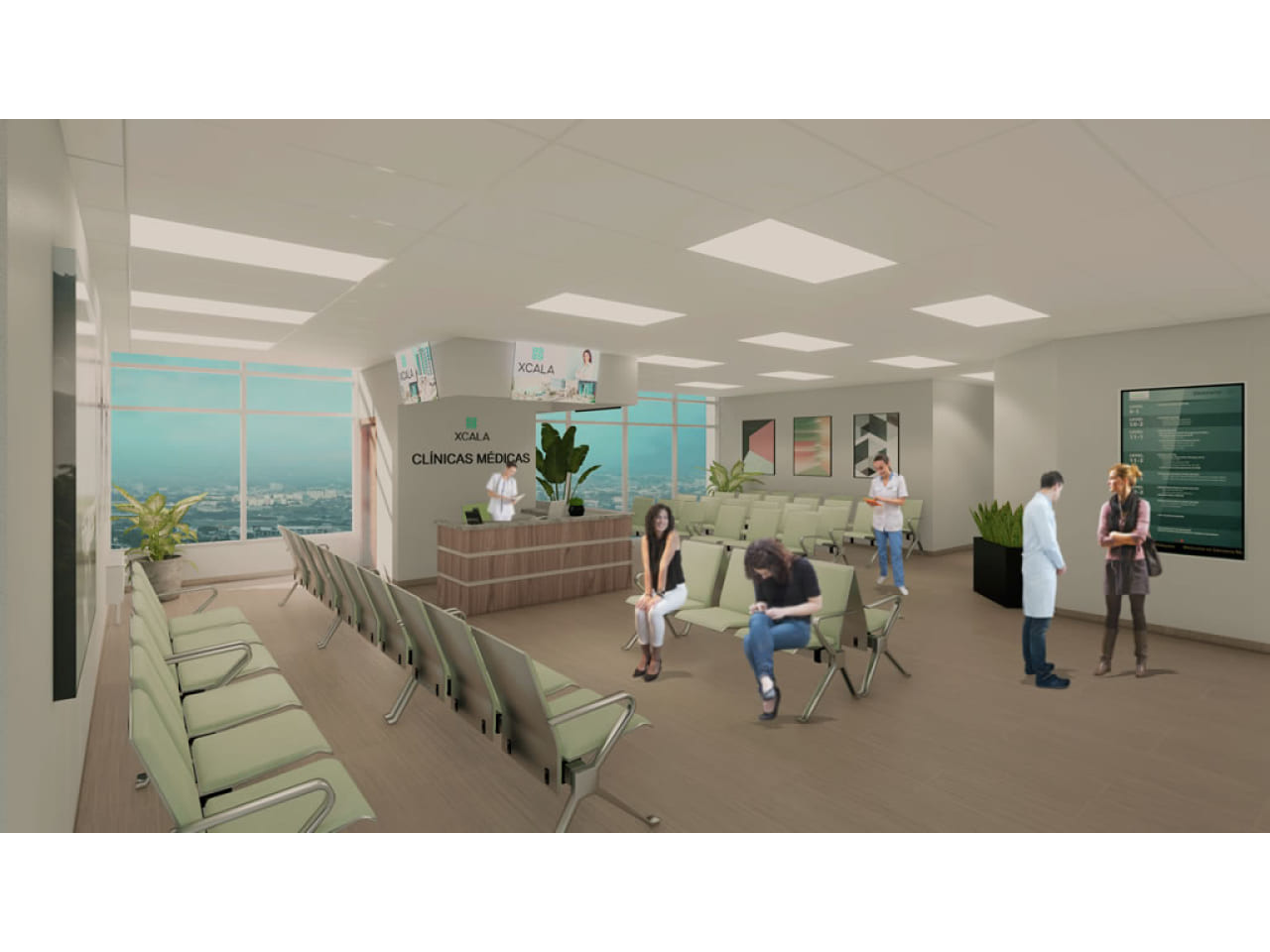 Área de recepción para consultorios médicos, con silla acolchonadas, piso porcelanato, techo tabla yeso.