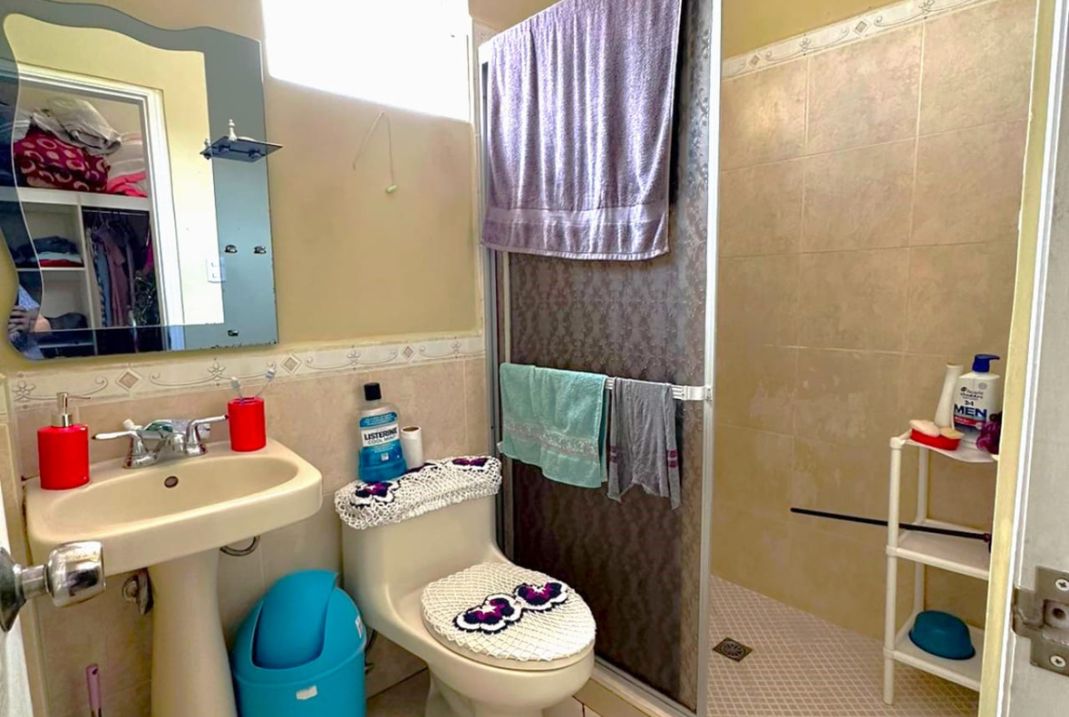 Área de baño con regaadera con suel ode ceramica protegida por una puerta corrediza, servicio y lavamanso de color blanco hueso a juego decorado con un pequeño espejo.
