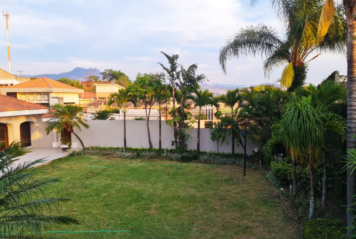 Amplio jardín con grama verde, arboles de palmera, frente a la casa en renta con cielo azul.