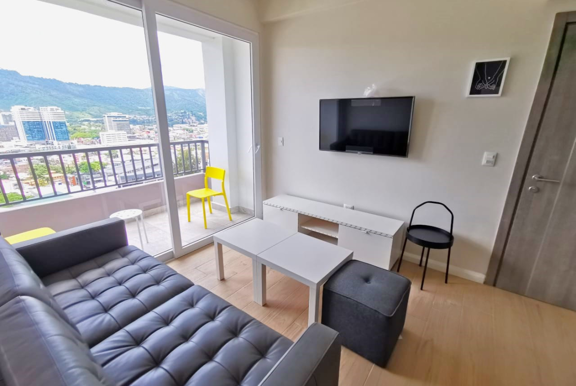 Sala amueblada de paredes blancas, con sillones de color gris, muebles de color blanco a juego, televisor en la pared, entrada a la terraza donde se puede expresar una hermosa vista.