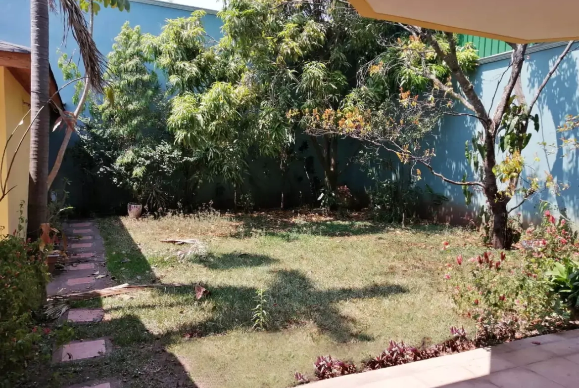 Patio amplio con huellas de jardin y arboles medianos con paredes color azul en tegucigalpa
