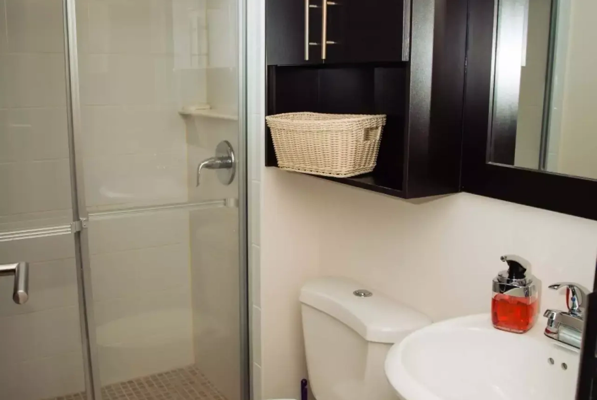 baño completo con regadera con suelo de ceramica, retrete y lavamanos de color blanco a juego y un mueble de madera oscura para guardas objetos de higiene personal